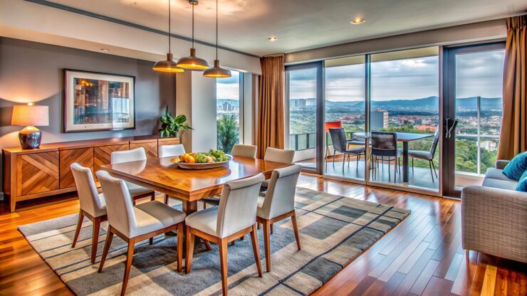 Representative dining and living interior with a balcony view