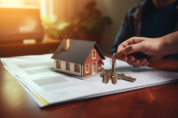 Representative image of a house model with keys resting on legal documents